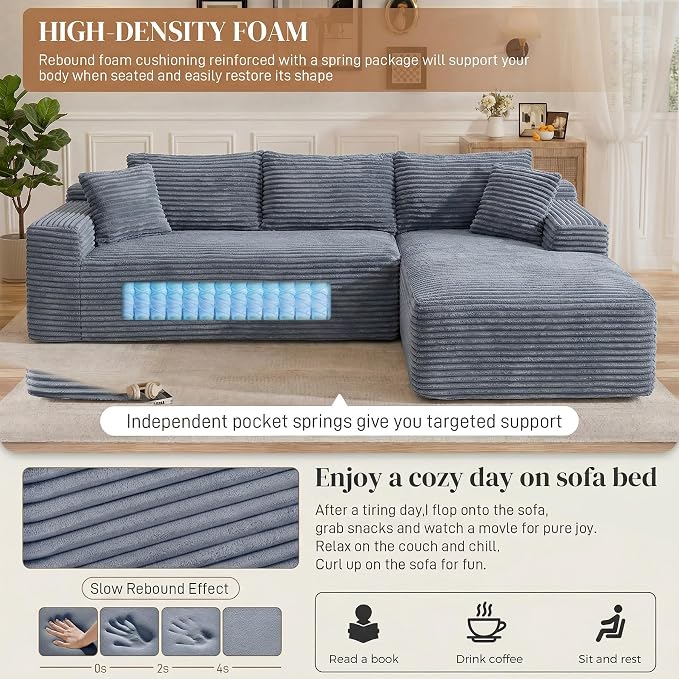 95" L Shaped Cloud Boneless Sectional Couches for Living Room, Modern Comfy Modular Deep Seat Memory Foam Compressed Corduroy Sofa Oversized Right Facing Chaise, No Assembly Required, Grey