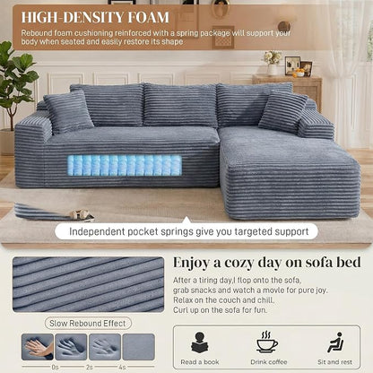 95" L Shaped Cloud Boneless Sectional Couches for Living Room, Modern Comfy Modular Deep Seat Memory Foam Compressed Corduroy Sofa Oversized Right Facing Chaise, No Assembly Required, Grey