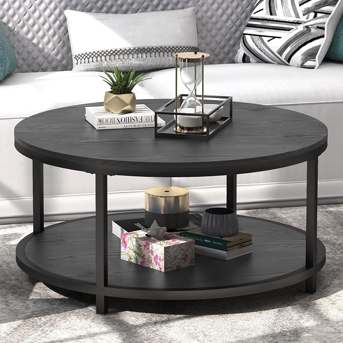 WiberWi Round Coffee Table Black 35.8" Circle Coffee Tables for Living Room Rustic Industrial Design with Sturdy Metal Frame Legs and Open Storage Shelf, Easy Assembly