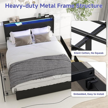 Zevemomo Queen Bed Frame with 4 Storage Drawers, Queen Size Bed Frame with Headboard, LED, Charging Station with USB Ports & AC Outlets, Sturdy Metal Slat Support, No Noise, Black