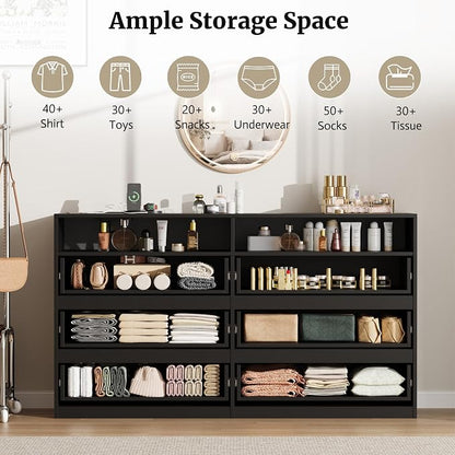 6 Drawer Dresser for Bedroom 47" Wooden Black Dressers Chests of Drawers | Double Closet Storage Cabinet w/ Charging Station LED RGB Lights 2 Open Shelves Modern Dresser TV Stand for Living Room