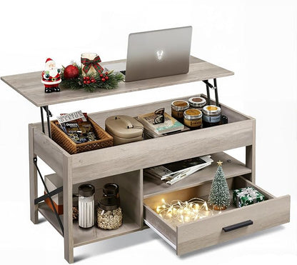 WLIVE Coffee Table, 39" Lift Top Coffee Table with Hidden Compartment, Storage Drawers and Storage Shelf for Living Room, Reception Room, Grey