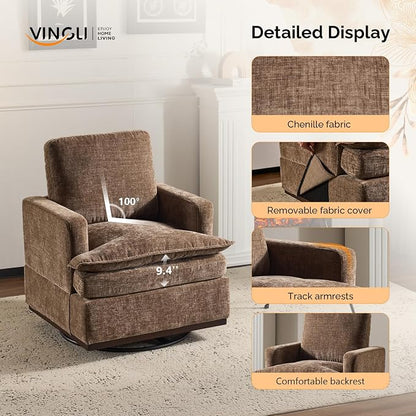 VINGLI 360° Swivel Accent Chairs Set of 2 with Double-Layer Seat Cushions, Comfy Single Square Sofa Armchairs, Upholstered Club Chairs for Living Room,Bedroom, Reading Room, Chenille Khaki