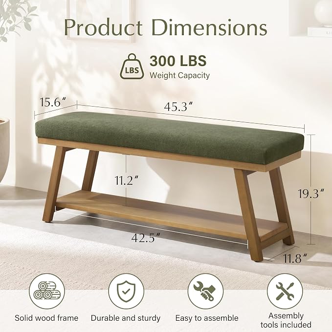 Zihanhome 45" Entryway Bench Upholstered Storage Bench for Bedroom Shoe Rack Bench for Living Room, Hallway, Mudroom, Balcony, Sturdy Indoor Bench Seat Holds Up to 300 lbs (Green)