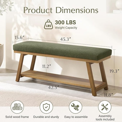 Zihanhome 45" Entryway Bench Upholstered Storage Bench for Bedroom Shoe Rack Bench for Living Room, Hallway, Mudroom, Balcony, Sturdy Indoor Bench Seat Holds Up to 300 lbs (Green)