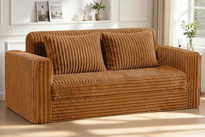 HABUTWAY 68" Loveseat Boneless Couch, 4-in-1 Convertible Sofa Bed, Plush Fur Folding Futon Sofa Bed Couches with 2 Pillows for Living Room, High-Density Foam Support, No Assembly Required, Orange