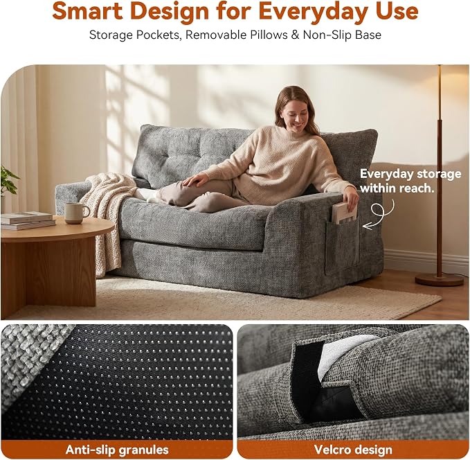 MONVANE 55.5" Convertible Loveseat Sofa, Comfy Chenille Cloud Couch with Storage Pocket, Modern Deep Seat Boneless Couch, 2 Seater Sofa for Living Room, No Assembly Required, Grey