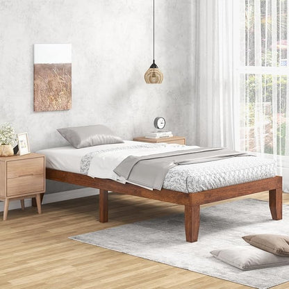 KOMFOTT 14 Inches Wood Platform Bed Frame Twin Size, Wooden Mattress Foundation with Rubber Wood Frame, Strong Wooden Slat Support, No Box Spring Needed, Bed Frame (Brown Cherry)
