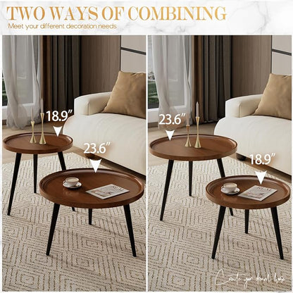 2-Piece Walnut Coffee Table,Durable Mid Century Small Round Coffee Tables for Living Room,Easy Assembly Modern Nesting Coffee Tables Set,Circle Side Tables for Sofa Bedside Balcony