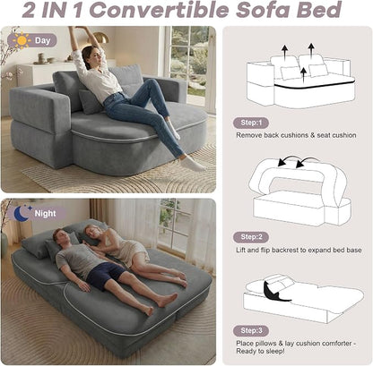 75" Boneless Couch Bed,Fold Up Sleeper Sofa for Adults, Memory Foam Floor Couch with 4 Pillows & Blanket, No Assembly Foldable Guest Bed for Apartment,Living Room