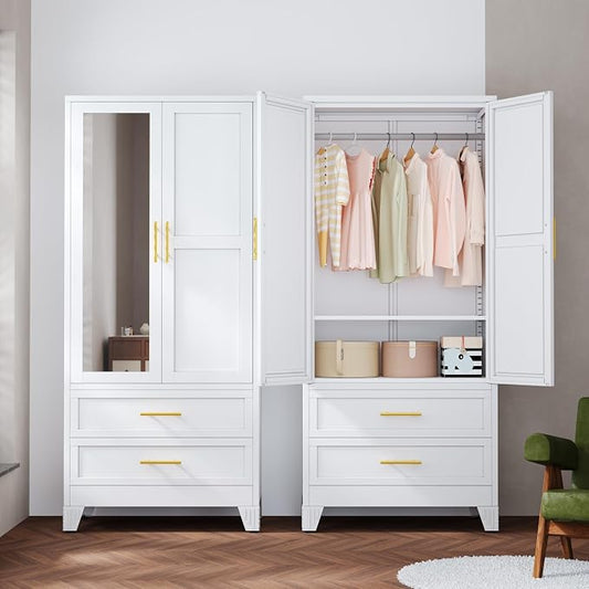 Ckzbx 71" H Metal Armoire Wardrobe Closet with Mirror, Adjustable Shelves, Clothes Drying Pole, Steel Wardrobe Cabinet for Bedroom (2 Drawers White)