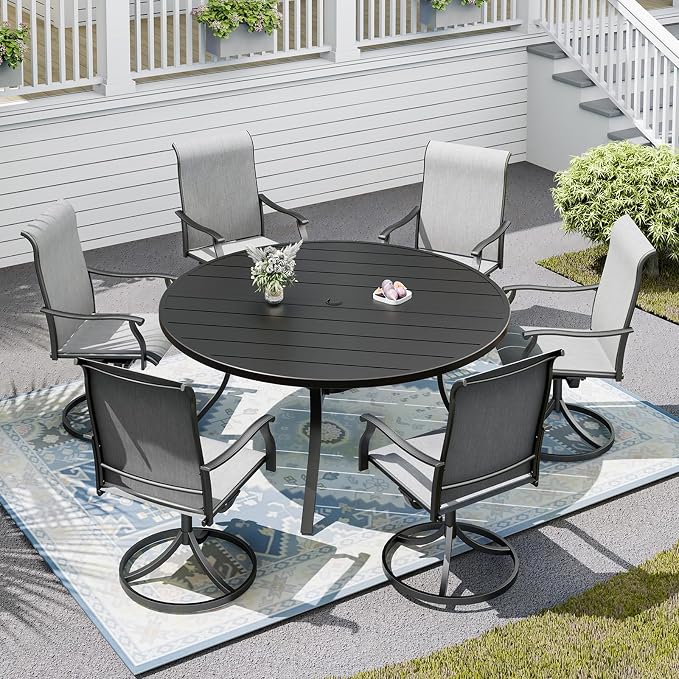 Patio Table and Chairs Set for 6 Person,54"x 54"x 28" Round Steel Slat Outdoor Table with 6 Breathable Textilene Swivel Chairs for Deck/Backyard/Poolside/Garden