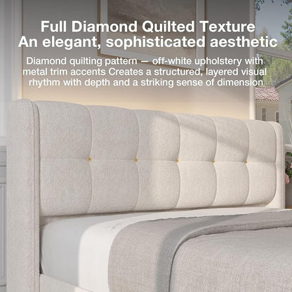 Novilla King Size Bed Frame with Charging Station & LED Lights, Upholstered French Luxury Platform Bed with Wingback Headboard, Lamb Wool Fabric, No Box Spring Needed, Easy Assembly, Cream White