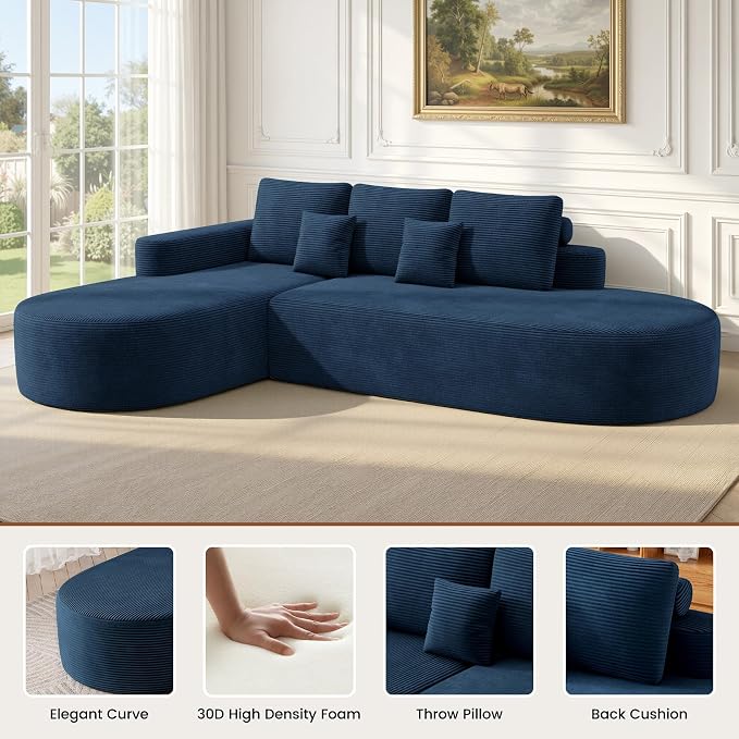 112" Modular Curved Sofa, Oversized Couches for Living Room, Modern Cloud Couch with Deep Seat, Corduroy Foam Couch, No Assembly Required, Navy Blue, 1PCS