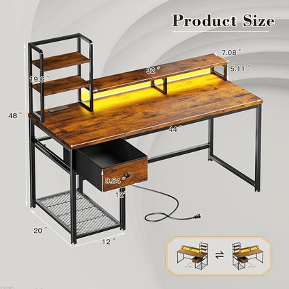 EnHomee 44 Inch Computer Desk with Hutch and Drawers,Reversible Home Office Desk with Monitor Shelf,Small Gaming Desks with USB Power Outlets,Writing Table for Office with LED Lights,Rustic Brown