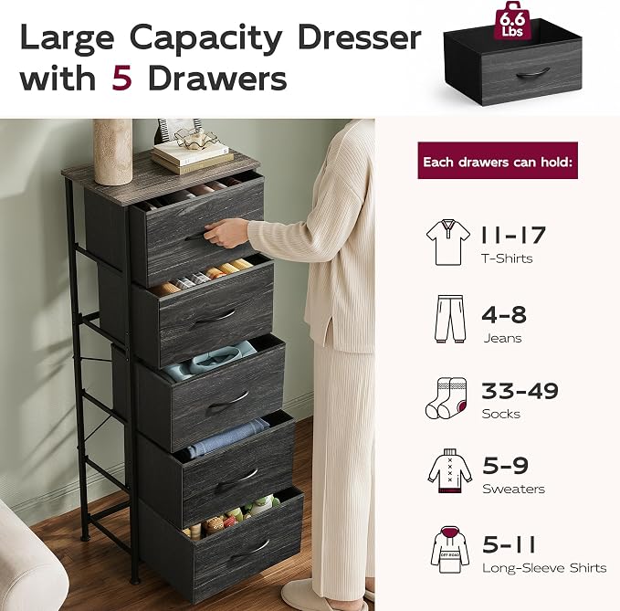 WLIVE Fabric Dresser, 5-Drawer Tall Dressers for Bedroom, Storage Dresser Organizer with Wood Top, Sturdy Steel Frame, Chest of Drawers for Closet, Hallway, Charcoal Black Wood Grain Print