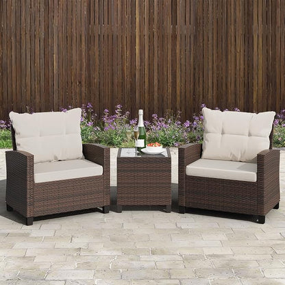 Shintenchi 3 Pieces Patio Furniture Set, PE Rattan Wicker 3 Pcs Patio Set, Outdoor Furniture Set with Two Outdoor Chairs and Table, Conversation Set for Garden, Poolside, Balcony, and Porch(Beige)