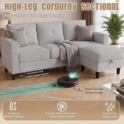 Convertible Sectional Sofa with Storage Ottoman, 77” L-Shaped 3-Seat Couch with Skin-Friendly Corduroy Fabric, Reversible Small Sectional for Small Space, Apartment, Living Room and Office (Grey)