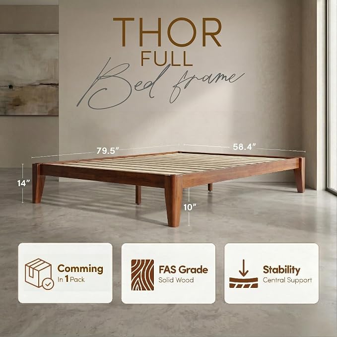 Thor Premium Solid Wood Bed Frame Full, Japanese Joinery Bed Frame with Wood Slat Support, Platform Bed, No Box Spring Needed, Easy Assembly, Minimalist & Modern Style (Mahogany)