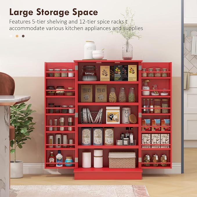 HOMCOM 41" Kitchen Pantry Storage Cabinet, Freestanding Kitchen Cabinet with 12 Door Shelves, Double Doors, 5-Tier Shelving and Adjustable Shelves, Red