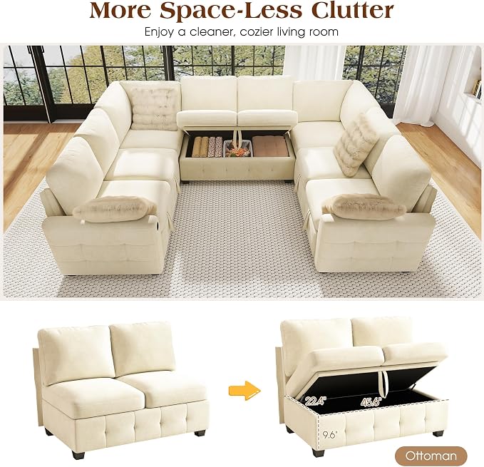 Ihanherry Large U-Shaped Sectional Sofa Bed, 8-Seater Convertible Sleeper with Storage Ottoman & 6 Pillows, USB Charging Ports, Premium Chenille Fabric for Big Living Room, Family Theater（Beige）
