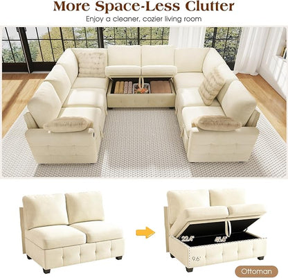 Ihanherry Large U-Shaped Sectional Sofa Bed, 8-Seater Convertible Sleeper with Storage Ottoman & 6 Pillows, USB Charging Ports, Premium Chenille Fabric for Big Living Room, Family Theater（Beige）