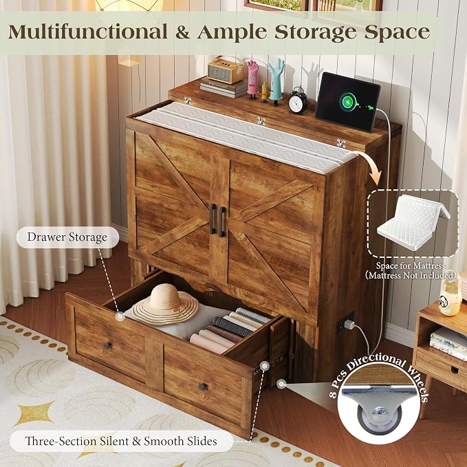 LUXOAK Twin Murphy Bed with Built-in Charging Station and Storage Drawer, Farmhouse Foldable Cabinet Bed for Guest Room, Apartment or Home Office, Barnwood