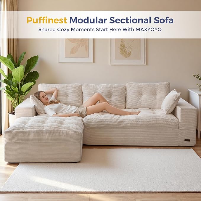 MAXYOYO 96" L Shaped Modular Sectional Sofa with Ottoman, Cloud Boneless Couch with Layered Cushion, Upholstered Sofa in a Box, Flexible Module Combination for Living Room, No Assembly, Beige