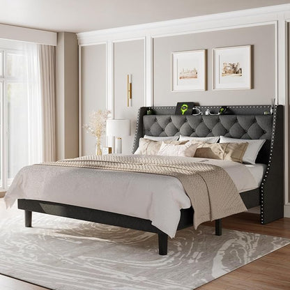 Feonase King Size Bed Frame with Luxury Wingback and Fast Charging Station, Upholstered Button Tufted Storage Headboard, King Platform Bed, Heavy Duty Wooden Slats Support, Easy Assembly, Dark Gray