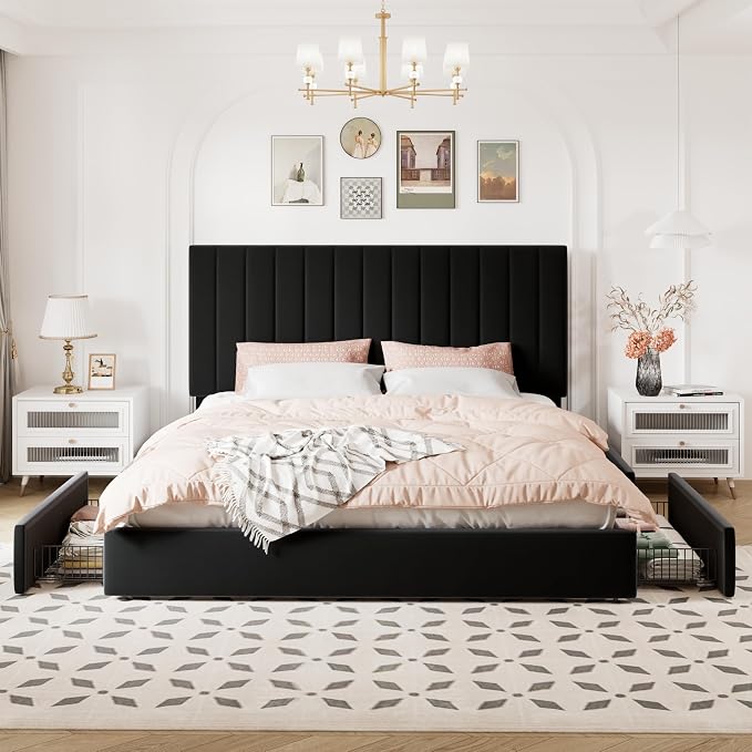 Allewie King Size Storage Bed Frame, Vertical Channel Tufted Adjustable Headboard, Velvet Upholstered Platform Bed with 4 Oversized Underbed Drawers, Wooden Slats Support, No Box Spring Needed, Black