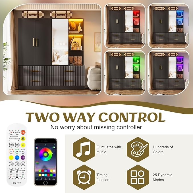 PAKASEPT 3 Door Armoire Wardrobe Closet, 70.87" H Bedroom Armoires with Drawers, Mirror, LED Light, Hanging Rod, Side Hooks, Large Capacity Storage Wardrobe Armoire for Bedroom (Black)