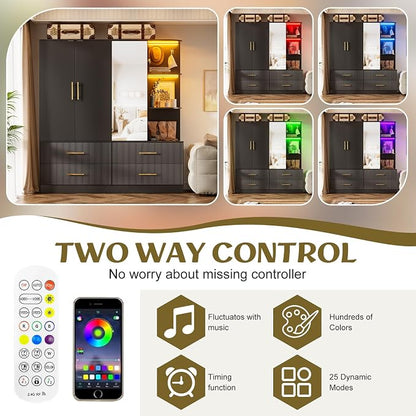 PAKASEPT 3 Door Armoire Wardrobe Closet, 70.87" H Bedroom Armoires with Drawers, Mirror, LED Light, Hanging Rod, Side Hooks, Large Capacity Storage Wardrobe Armoire for Bedroom (Black)
