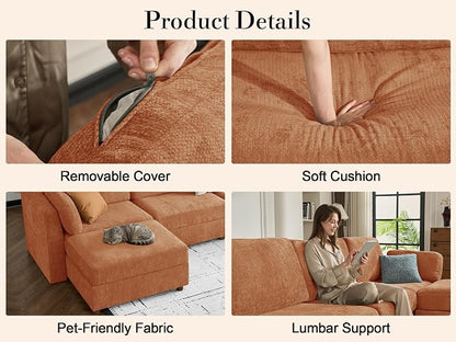 Oversized Modular Sectional Sofa V-Shaped Cloud Couches Brown | Large Deep Seat Couch for Living Room, 7-Seater Luxury Corner Sofa with Ottoman, Solid Wood Frame, Removable Washable Cover