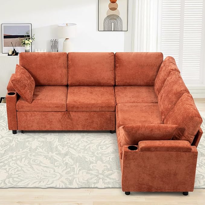 85" Chenille Sectional Sofa w/Pull Out Bed & Storage Space, Orange | Upholstery L Shaped Couch w/Cup Holders, Modern Corner Sofa w/USB Charging Port & Throw Pillow for Living Room