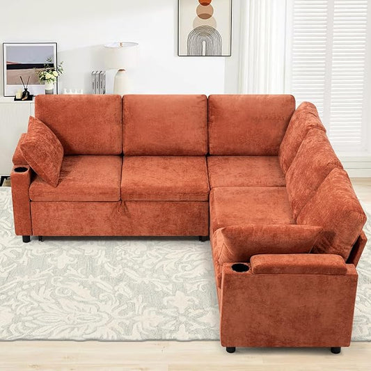 85" Chenille Sectional Sofa w/Pull Out Bed & Storage Space, Orange | Upholstery L Shaped Couch w/Cup Holders, Modern Corner Sofa w/USB Charging Port & Throw Pillow for Living Room