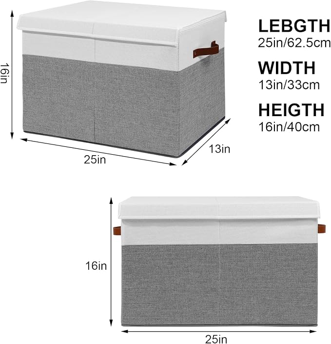 Gowee Large Toy Storage Box with Lid, Sturdy Toys Storage Chest Bin Organizer Basket with Dividers for Kids, Boys, Girls, Nursery, Closet, Bedroom, Playroom 25"x13" x16" (Grey and White)