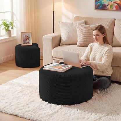 BSHOMGI Boneless Ottoman Nesting Coffee Table Set of 2,Corduroy Soft Foot Rest Movable Large Pouf Footstool for Living Room Sofa Couch Bedroom Entryway and Small Spaces No Assembly (Black)