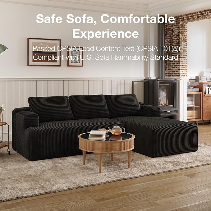 Novilla L-Shape Sectional Couches for Living Room with Smarts Coil® Support, 3 Seater Sectional Sofas for Living Room Bedroom, Corduroy Cloud Couch Sectional, No Assembly(Black, Right Hand Facing)