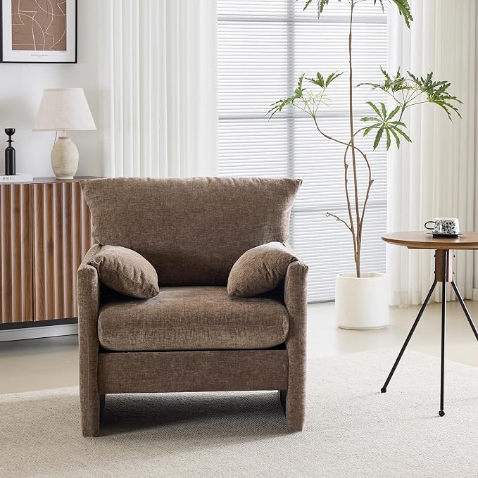 Chenille Oversized Armchair, 34" Wide Accent Chair for Living Room Bedroom Modern Upholstered Lounge Chair Mid-Century Reading Chair Comfy Single Sofa Chair, Brown