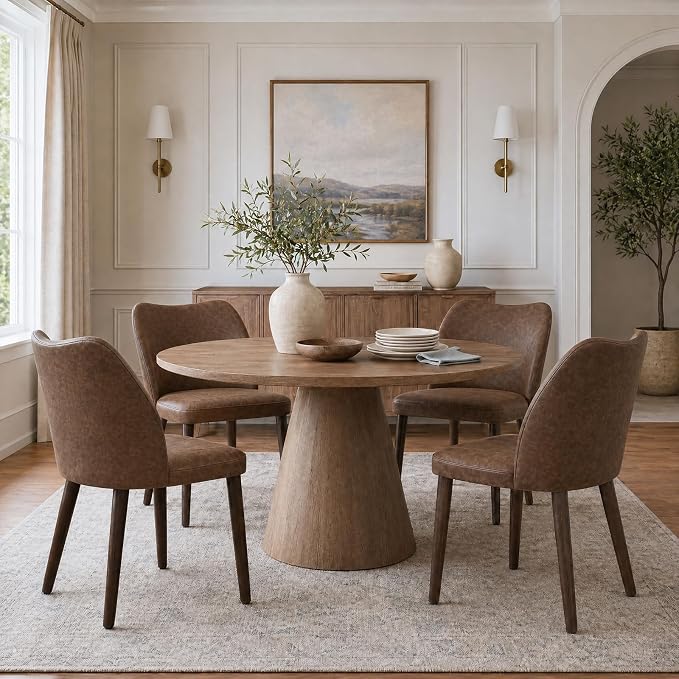COLAMY Upholstered Dining Chairs Set of 4, Modern PU Leather Dining Room Kitchen Side Chair with Padded Seat and Wood Legs Restaurant/Cafe, Dark Brown