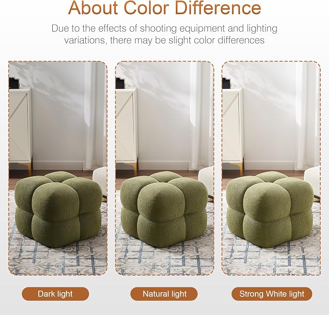 Zesthouse Square Pouf Ottomans Footstool Set of 2, Upholstered Poofy Ottoman for Couch Sofa, Modern Vanity Chair Backless for Living Room, Green Boucle Stool Foot Rest, Fabric Ottoman Coffee Table
