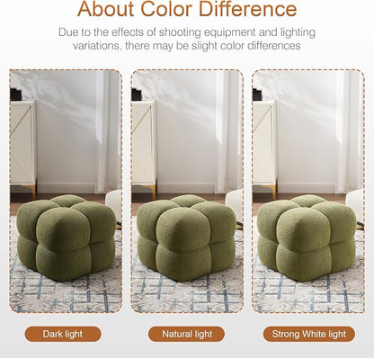 Zesthouse Square Pouf Ottomans Footstool Set of 2, Upholstered Poofy Ottoman for Couch Sofa, Modern Vanity Chair Backless for Living Room, Green Boucle Stool Foot Rest, Fabric Ottoman Coffee Table