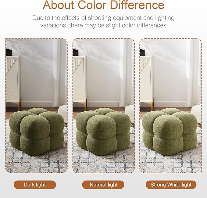 Zesthouse Square Pouf Ottoman Footstool, Modern Backless Vanity Chair for Bedroom, Green Boucle Foot Rest for Couch, Upholstered Tufted Footstool, Poofy Fabric Ottoman Coffee Table for Living Room