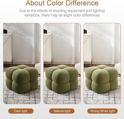 Zesthouse Square Pouf Ottoman Footstool, Modern Backless Vanity Chair for Bedroom, Green Boucle Foot Rest for Couch, Upholstered Tufted Footstool, Poofy Fabric Ottoman Coffee Table for Living Room
