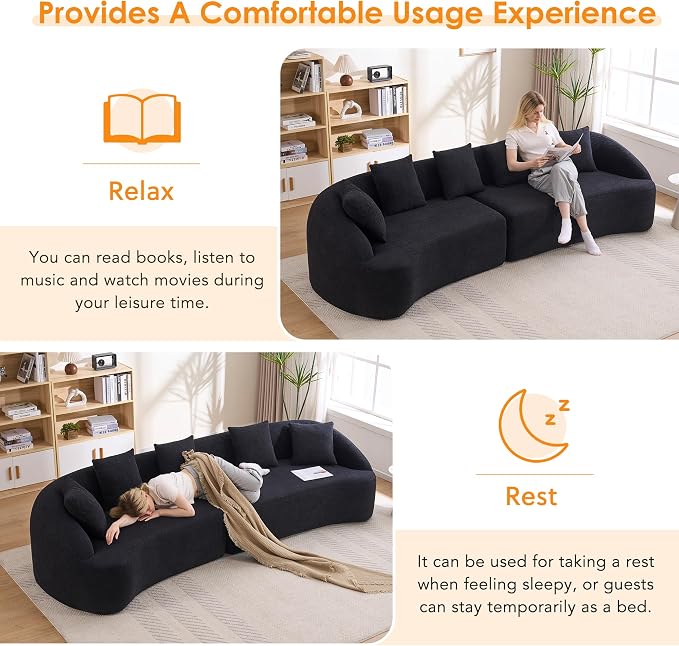 111" Boneless Sofa Couch 4 Seater, Modern Oversized Curved Couch, Luxury Wood Grain Chenille Fabric, Deep Seat Sectional Couches for Living Room (Black, 111")
