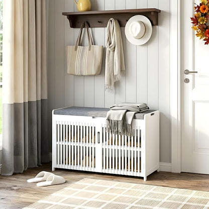 APRTAT Bamboo Shoe Storage Bench with Padded Cushion, 3-Tier Shoe Rack Organizer with 2 Ventilated Grille Doors for Entryway, Bedroom, Bathroom (White, Large)