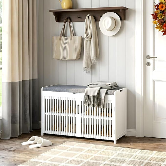 APRTAT Bamboo Shoe Storage Bench with Padded Cushion, 3-Tier Shoe Rack Organizer with 2 Ventilated Grille Doors for Entryway, Bedroom, Bathroom (White, Large)