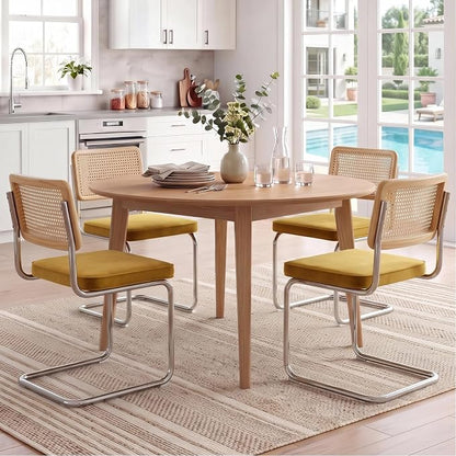 Zesthouse Dining Chairs Set of 4, Natural Rattan Accent Chairs with Solid Wood Back & Stainless Chrome Base, Mid Century Modern Breuer Design Inspired, Upholstered Velvet Kitchen Chairs, Yellow