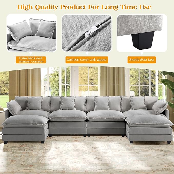 149.2" Modular Sectional Sofa,U Shaped Couch for Living Room,Modern Deep Seat Sofa 3 Seater Chenille Fabric Comfy Cloud Couches with Throw Pillows & Movable Ottoman