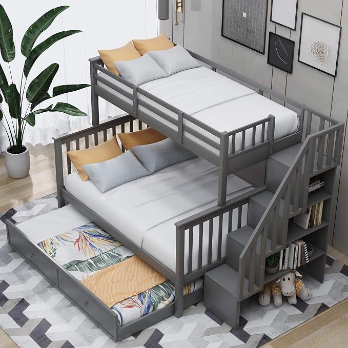 MERITLINE Twin Over Full Bunk Bed with Trundle, Storage Staircase,Solid Wood Bunk Bed with Stairs Box and Guardrail, No Spring Box Needed (Grey &Trundle,Twin Over Full)